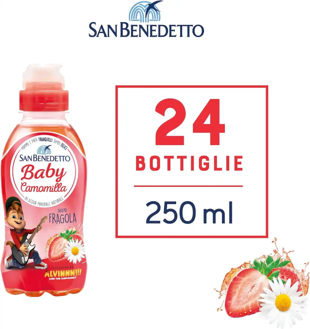 24x San Benedetto Baby Camomilla Fragola 250ml – Tappo Pull&Push Antisoffoco