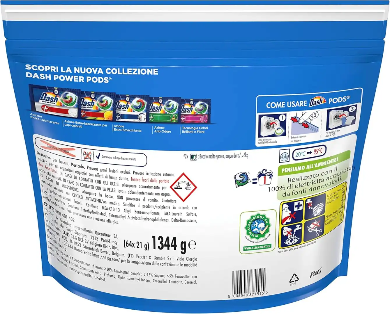 Dash Pods Detersivo Lavatrice Capsule 64 Lavaggi Classico Smacchia Efficace 20C