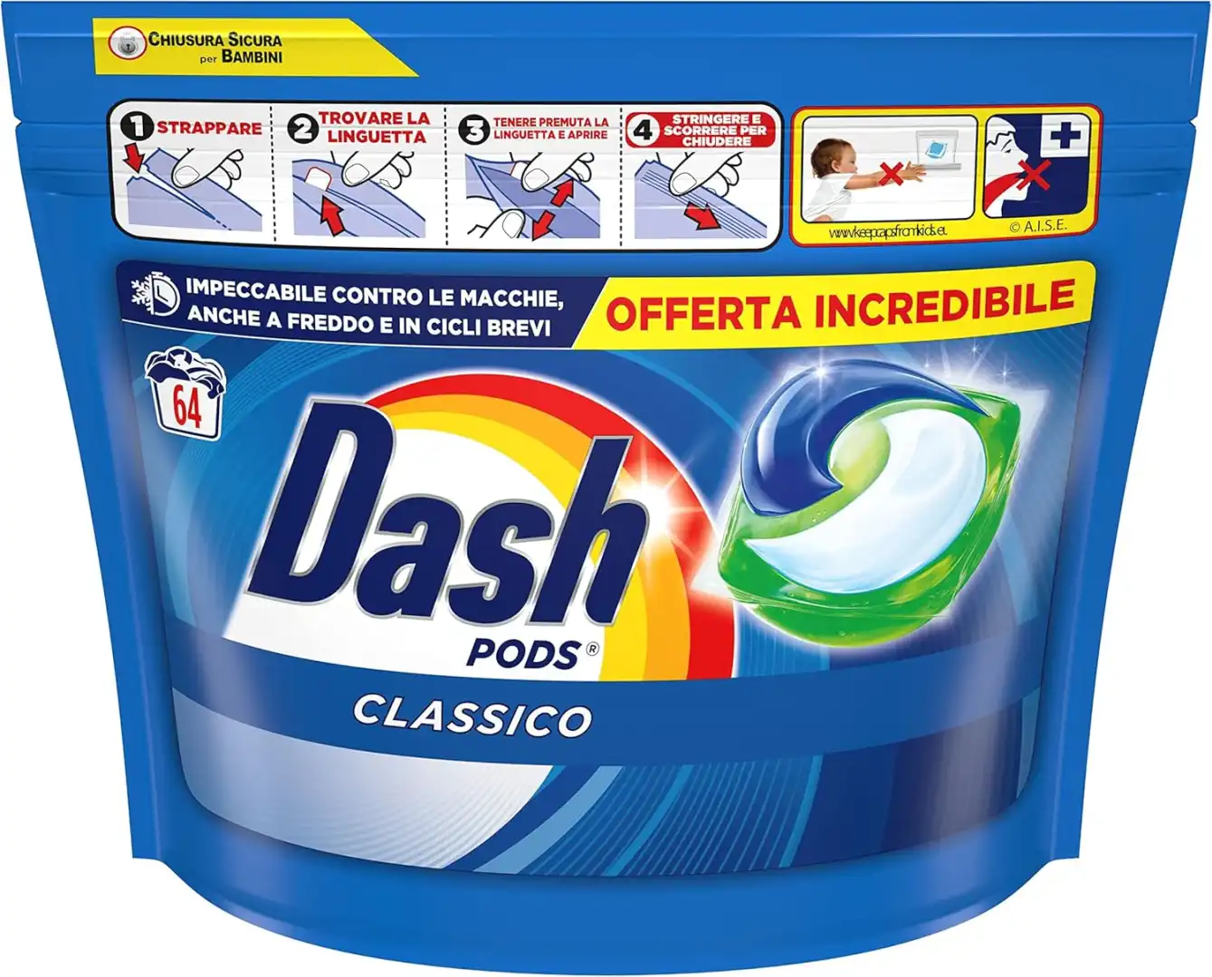 Dash Pods Detersivo Lavatrice Capsule 64 Lavaggi Classico Smacchia Efficace 20C