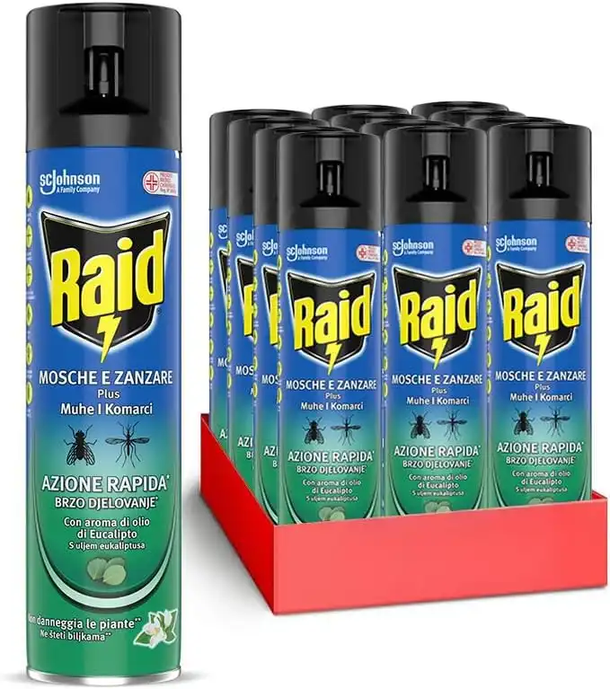 Raid Mosche e Zanzare Spray Eucalipto, 12 Pezzi da 400ml - Protezione Efficace