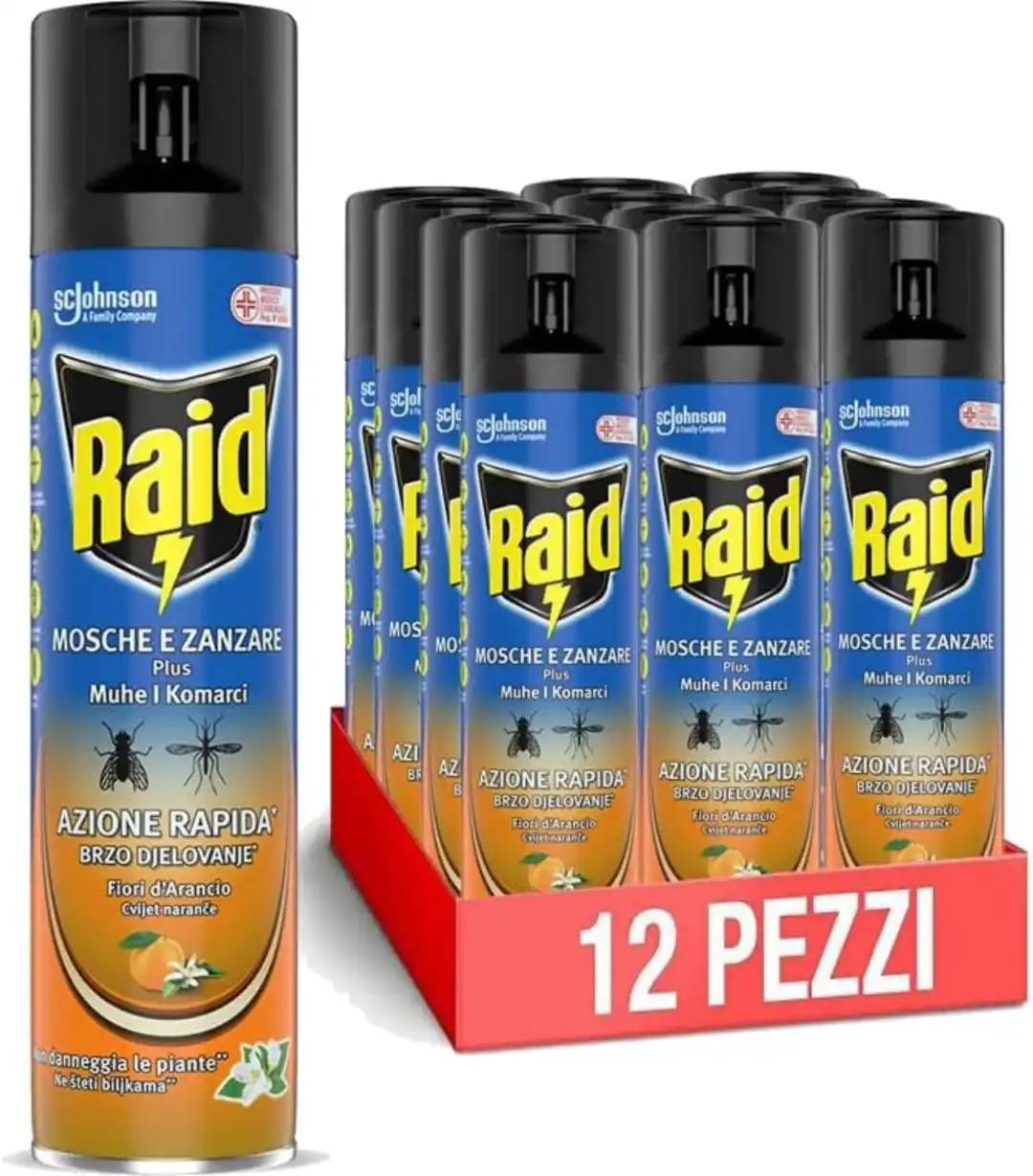 12 X 400 ml - Raid Spray Mosche e Zanzare Plus, Azione Rapida ai Fiori d’Arancio