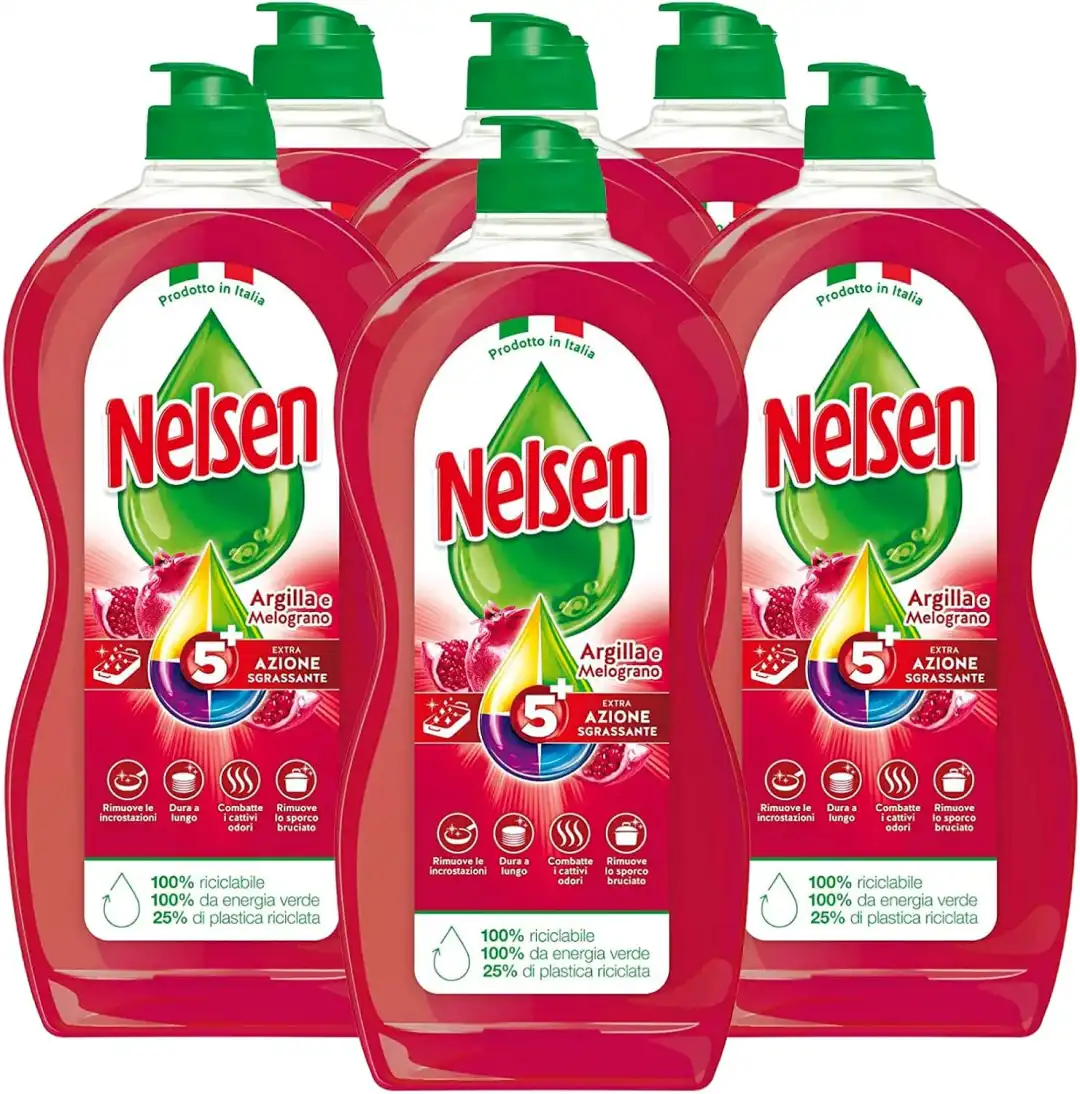 Nelsen Argilla e Melograno Detersivo Liquido Piatti, 6 Flaconi da 900ml
