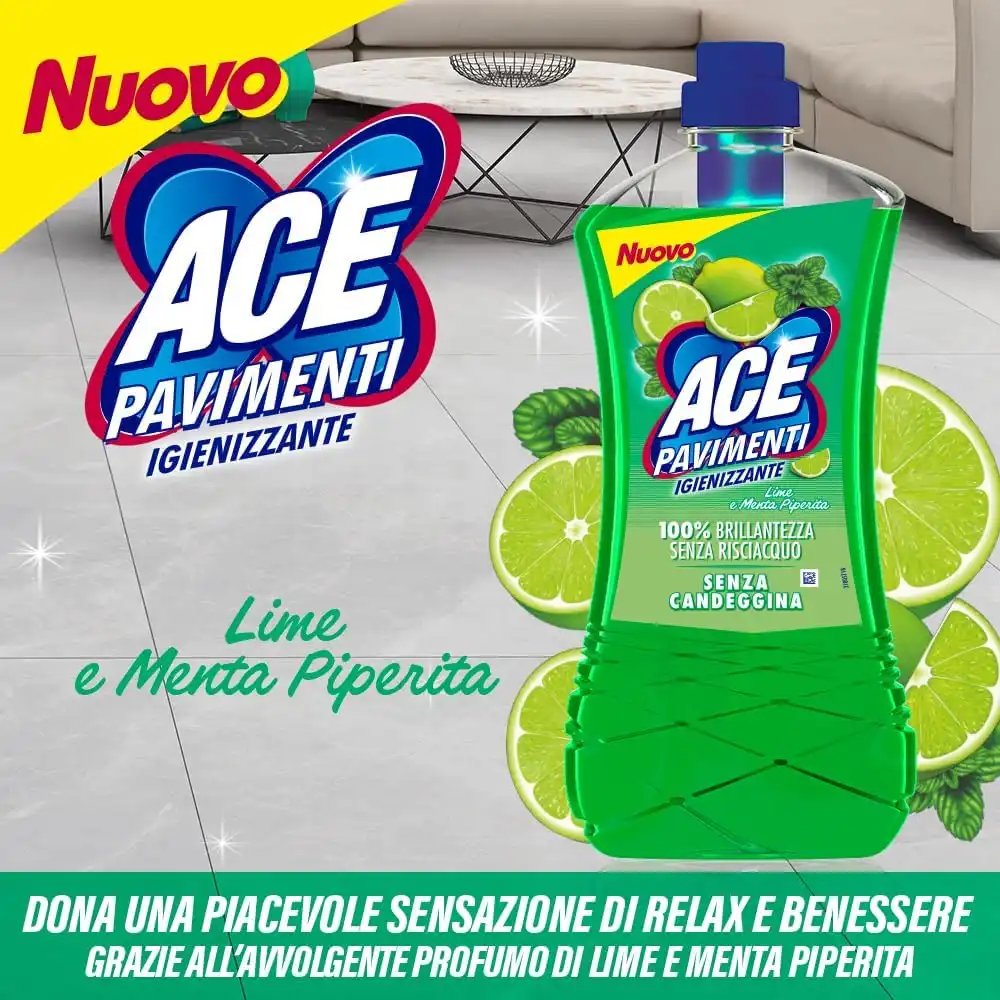 8X Ace Pavimenti Igienizzante Lime Menta 1L Detergente Casa Senza Risciacquo