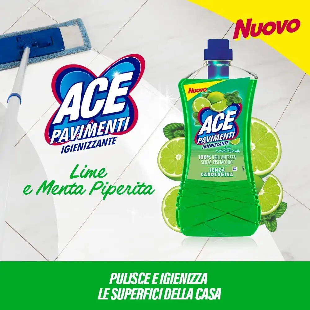8X Ace Pavimenti Igienizzante Lime Menta 1L Detergente Casa Senza Risciacquo