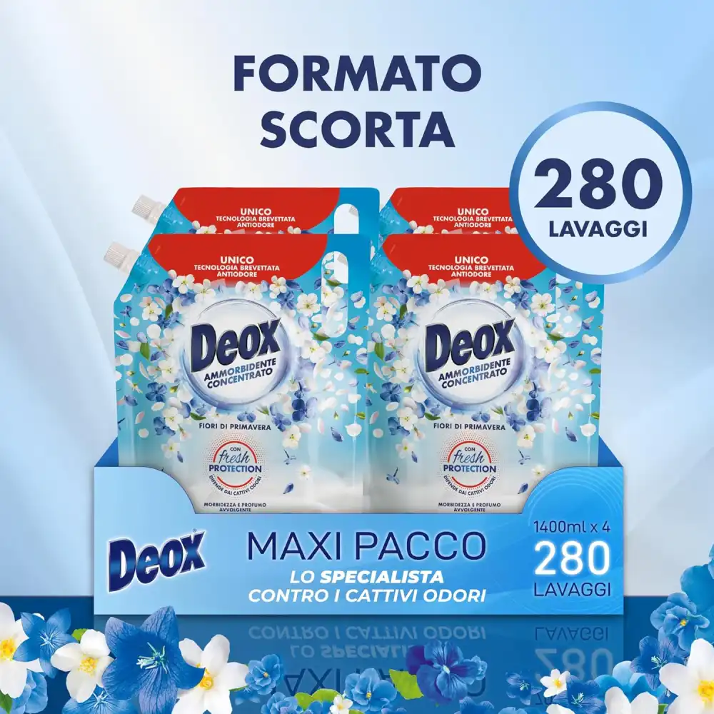 Deox Ammorbidente Concentrato Fiori di Primavera, 4 x 1400 ml, 280 Lavaggi