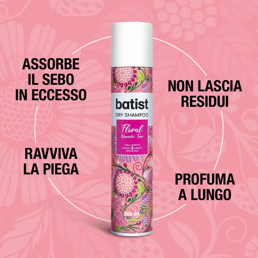 Batist Shampoo Secco Floral 2x200 ml, profumo di tiaré e gelsomino per tutti i capelli