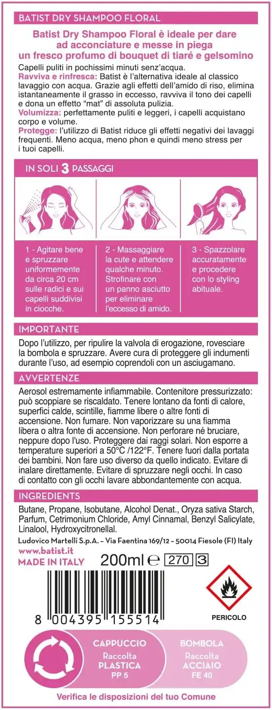 Batist Shampoo Secco Floral 2x200 ml, profumo di tiaré e gelsomino per tutti i capelli