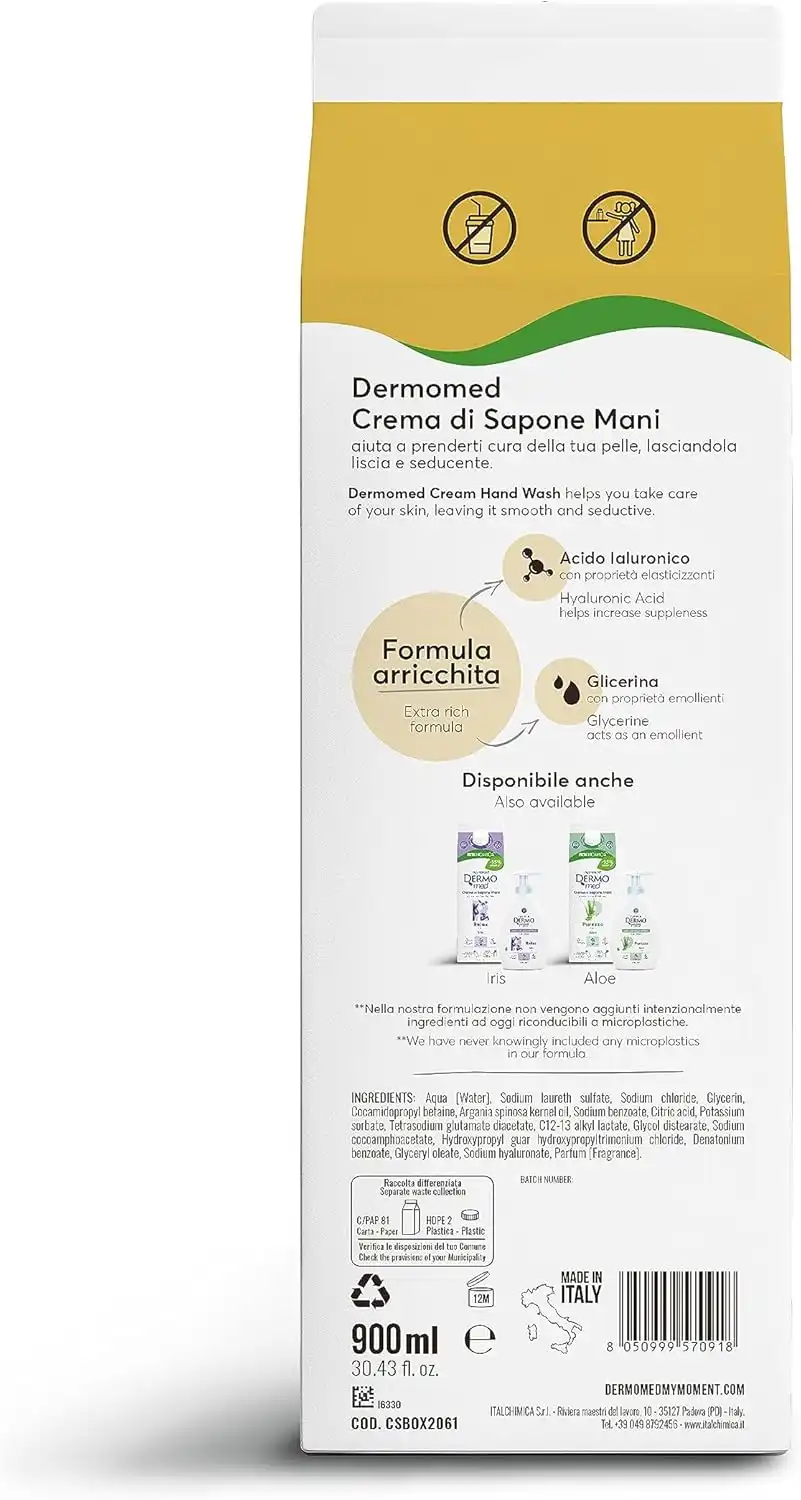 Dermomed Sapone Mani Sensualità Argan Eco Ricarica 6x900ml Idrata e Nutre