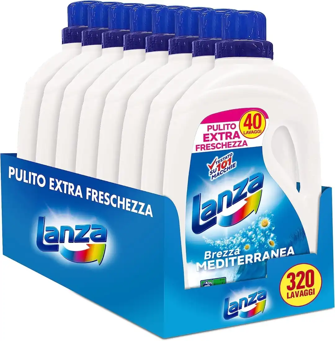 8x Sole Lanza Detersivo Lavatrice Liquido Brezza Mediterranea 320 Lavaggi 2L Cad