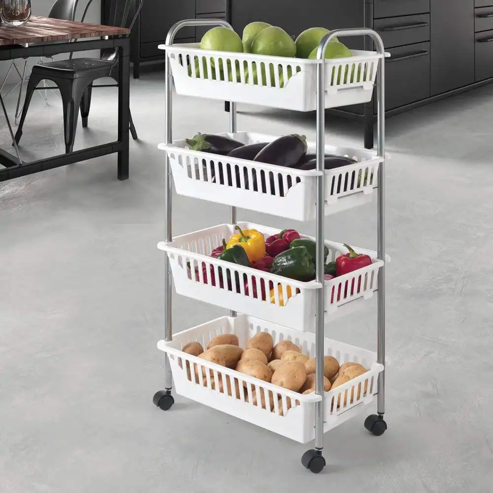 Scaffale Scaffaletto Con 4 Cesti Oslo Multiuso Con Ruote Cestelli Bianco