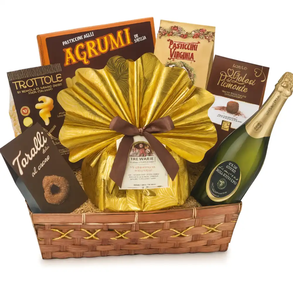 Cesto Natalizio Principe 8pz con Dolce, Spumante, Cioccolato e Biscotti
