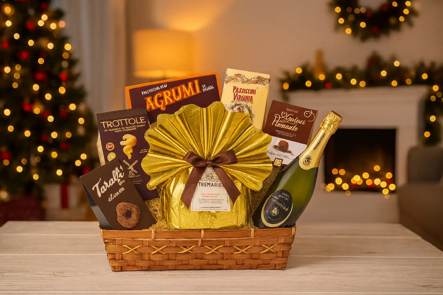 Cesto Natalizio Principe 8pz con Dolce, Spumante, Cioccolato e Biscotti