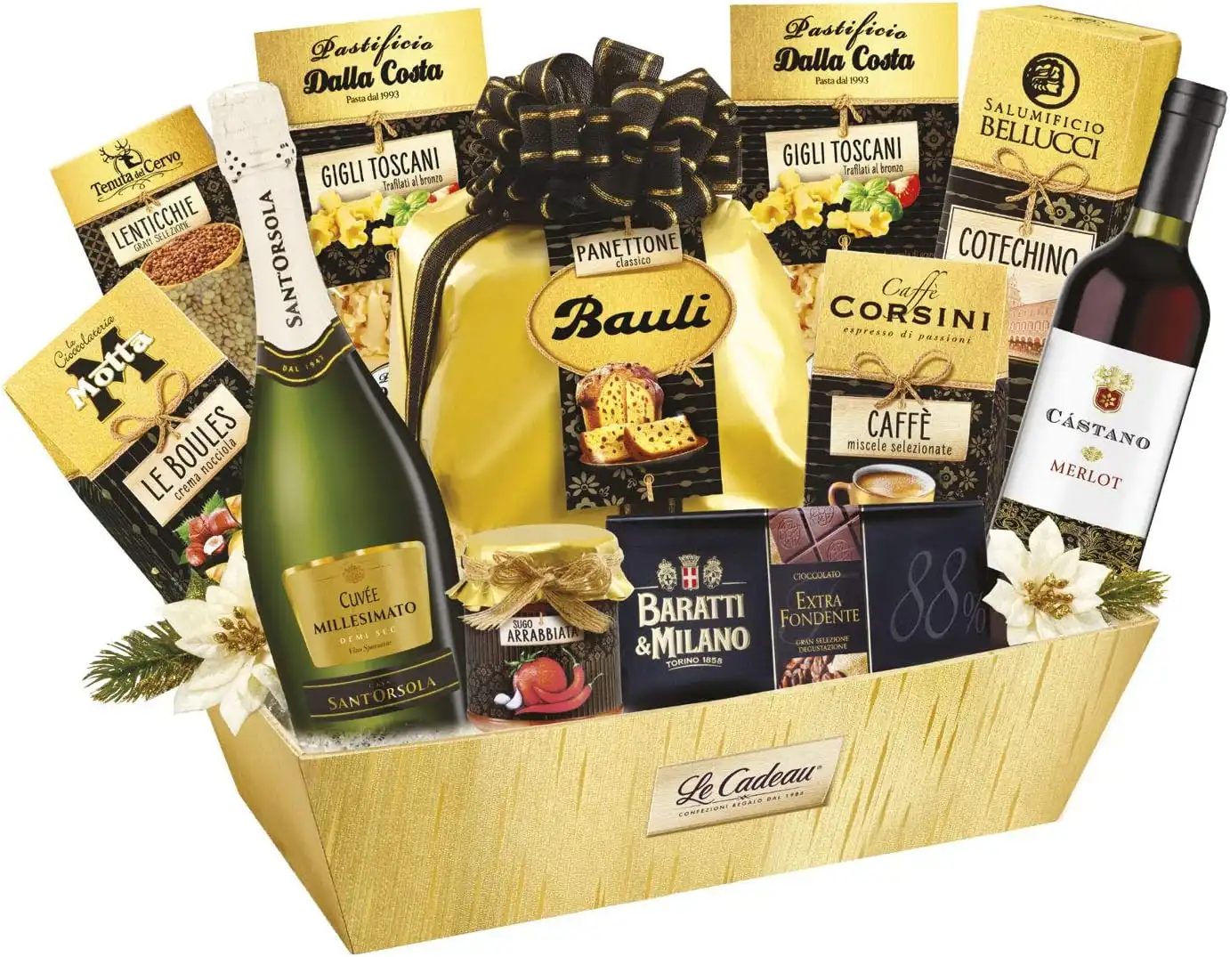 Cesto Natalizio Le Cadeau Oro Nero 11pz con Dolci, Pasta, Vino e Spumante