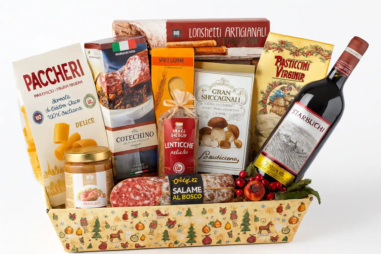 Cesto Gastronomico 11pz con Dolci, Pasta, Salumi, Vino e Specialità Italiane