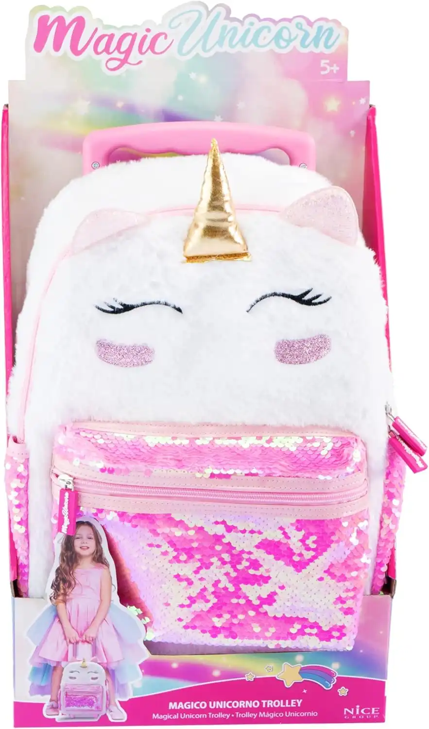 Trolley Magico Unicorno Bambina Zaino con Ruote 2 in 1 Peluche e Paillettes Rosa