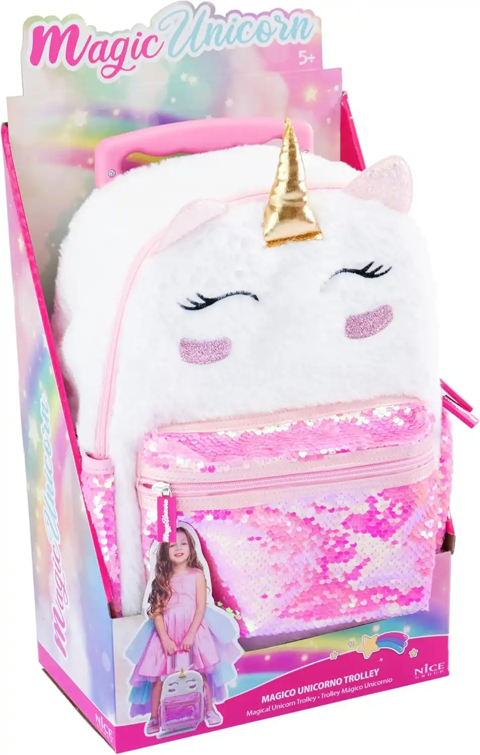 Trolley Magico Unicorno Bambina Zaino con Ruote 2 in 1 Peluche e Paillettes Rosa