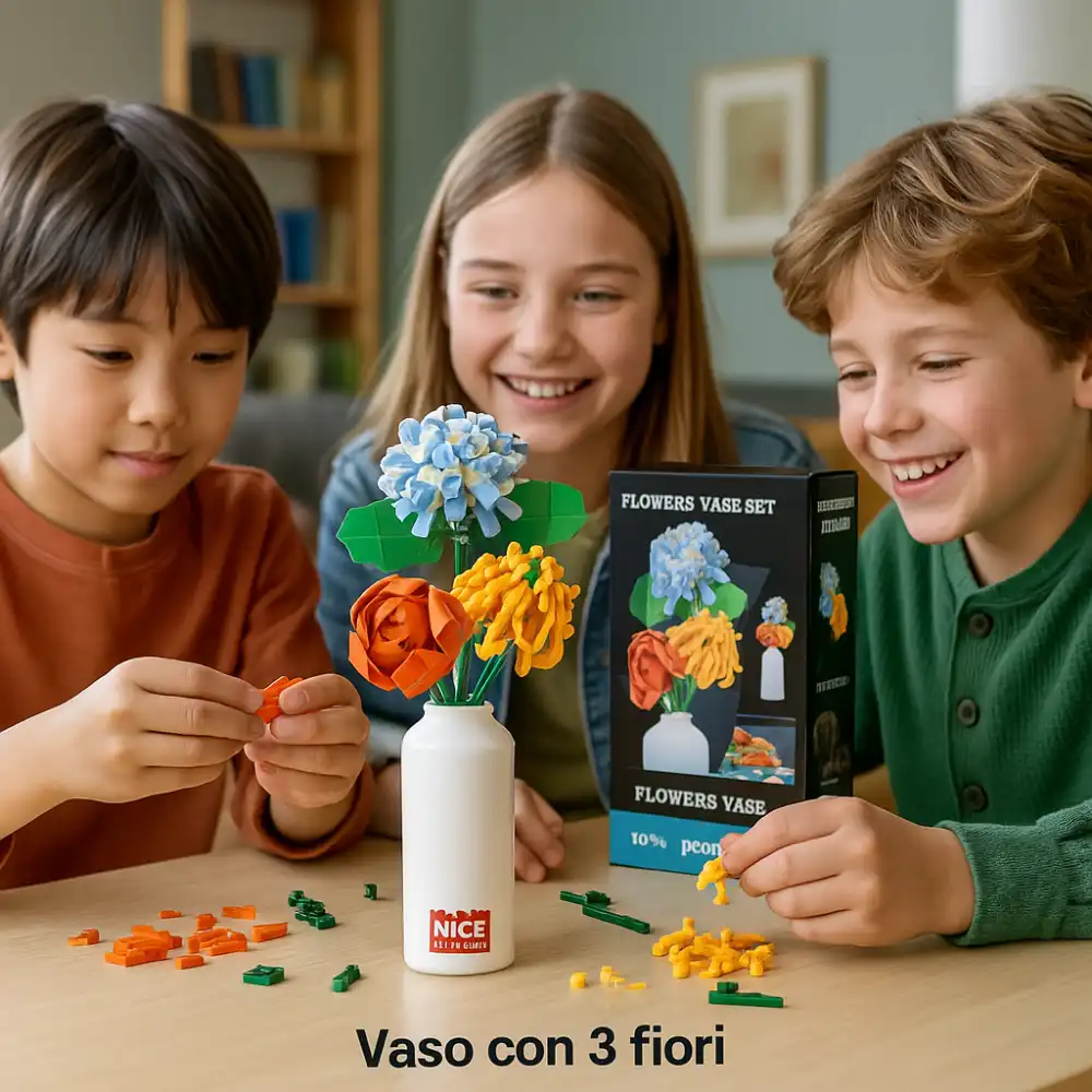 Set Mattoncini Fiori con Vaso – 3 Fiori Rosa Peonia Kiku Kit Costruzione 278pz