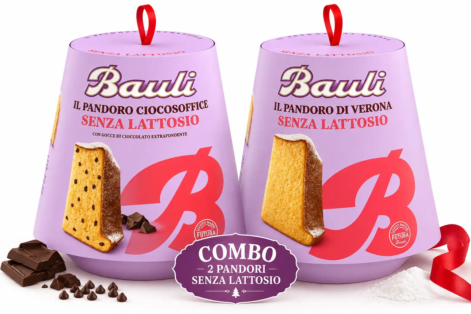 2 Pandori Bauli Senza Lattosio 700g Tradizionale e Ciocosoffice Natale 1,4kg Box
