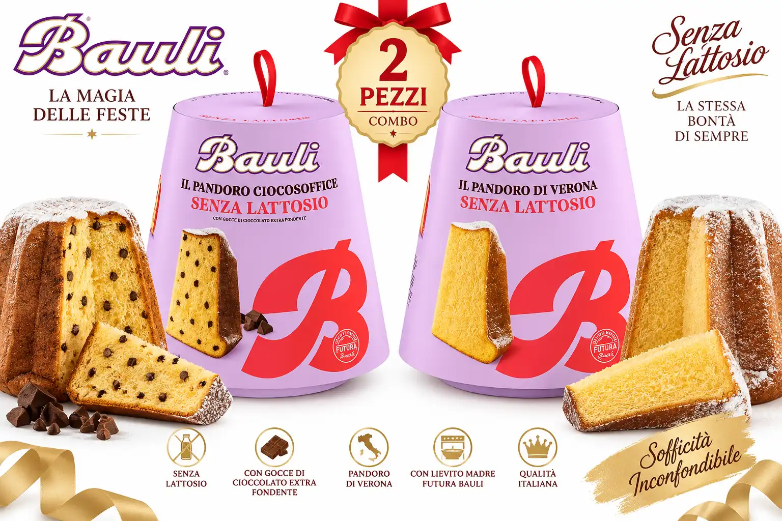 2 Pandori Bauli Senza Lattosio 700g Tradizionale e Ciocosoffice Natale 1,4kg Box
