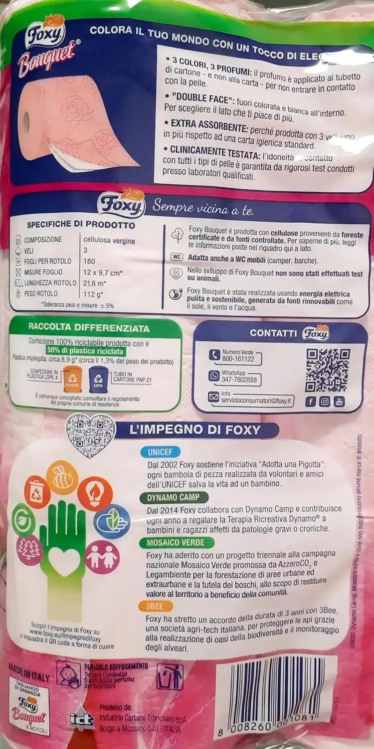 54 Rotoli Foxy Bouquet Carta Igienica Rosa 3 Veli Profumata Triplo Rotolo PEFC