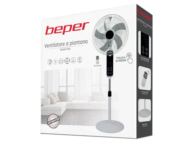 Beper VE.112 Ventilatore a Piantana Touch Screen 55 W Bianco/Rosso 5 Pale