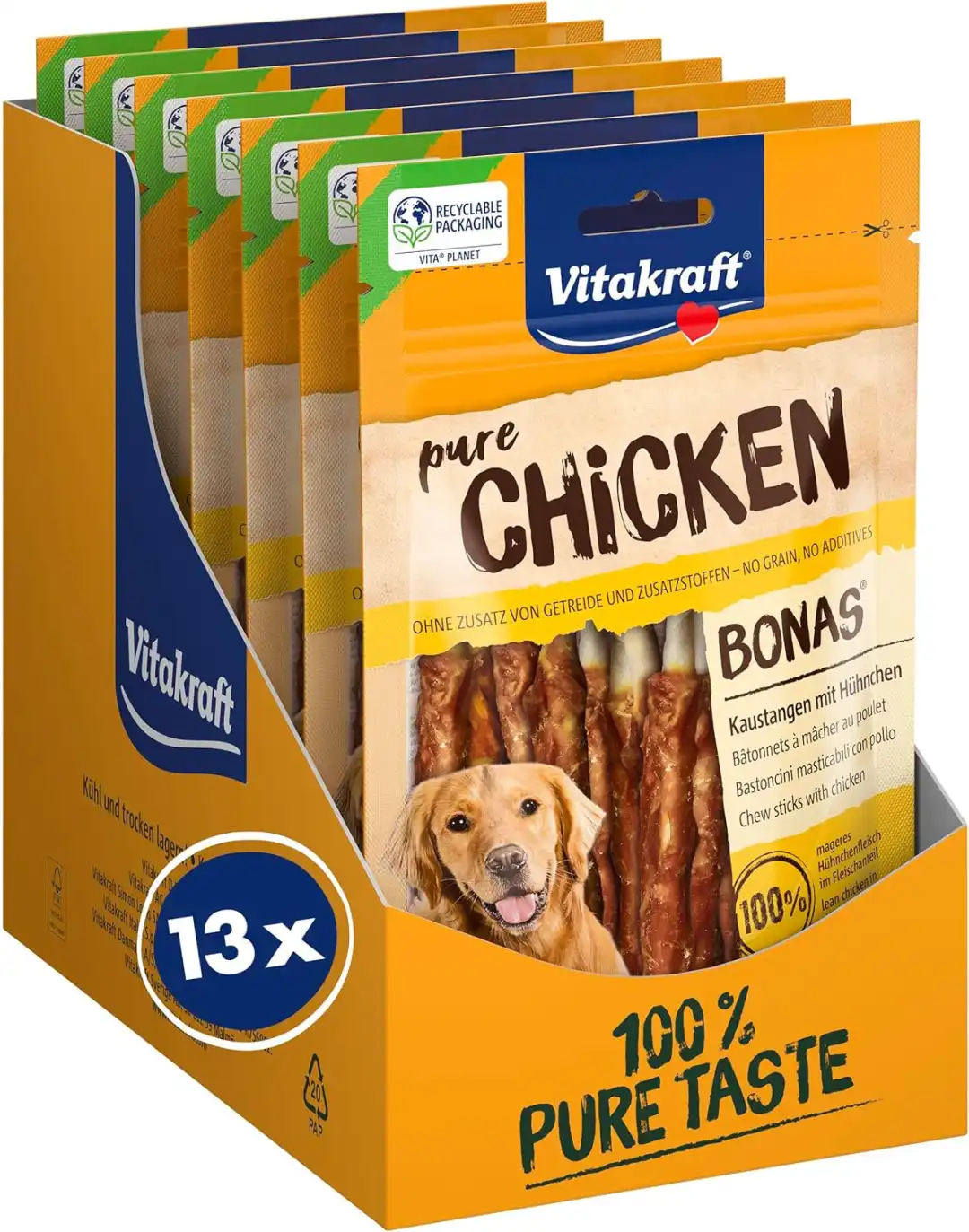 13X Vitakraft Pure Chicken Bonas Snack Cane Bastoncini Pollo 80g Senza Zuccheri