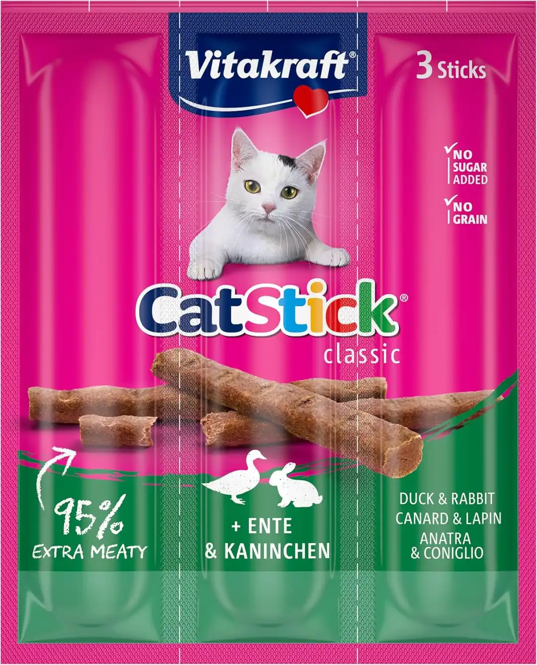 Vitakraft Cat Stick Classic Anatra Coniglio 60 Stick Snack Gatti Senza Cereali