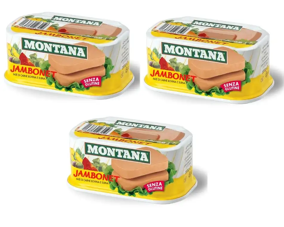 3x Montana Jambonet Carne in Scatola di Suino e Bovino Senza Glutine 3x200gr