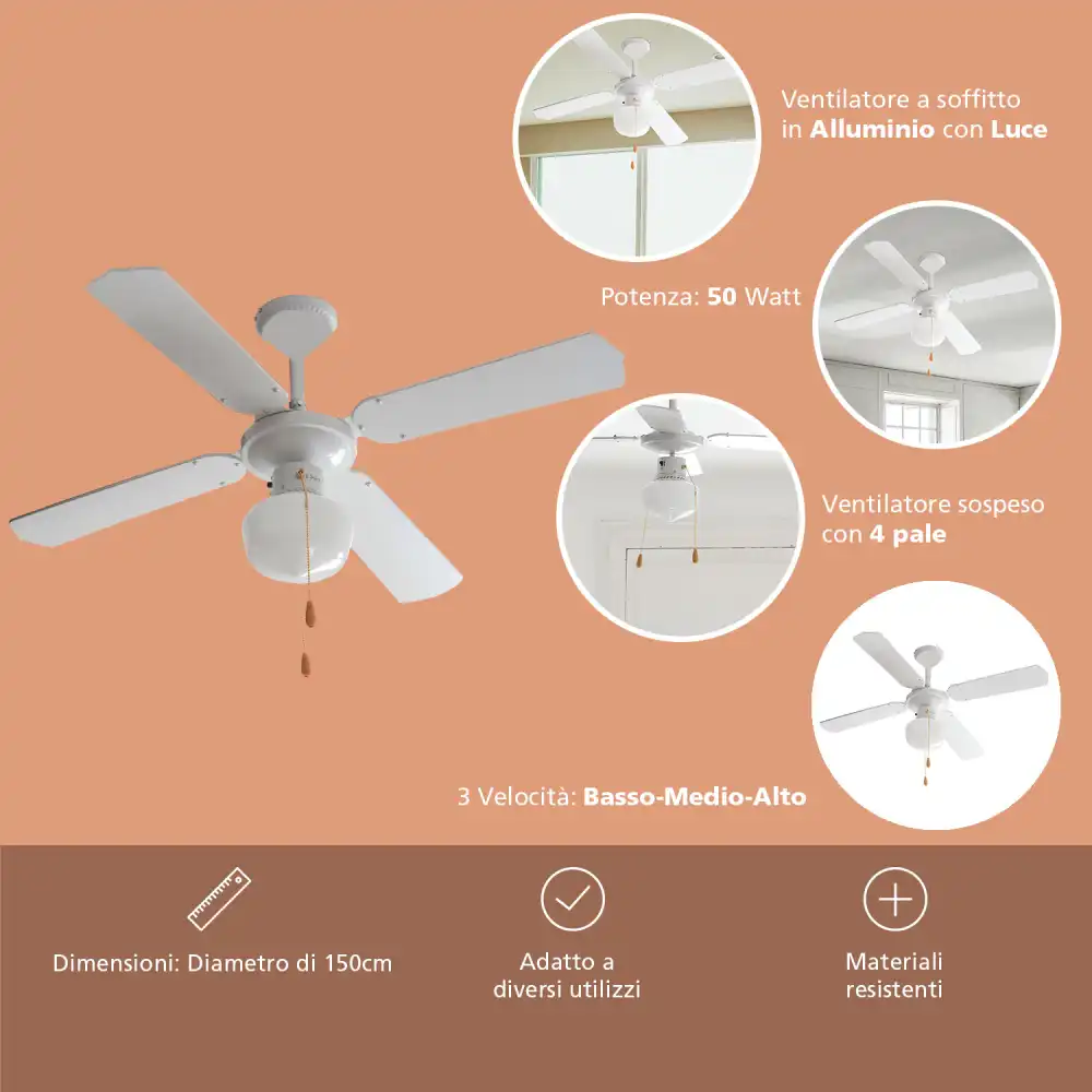Ventilatore a Soffitto 4 Pale in Alluminio con Luce 50W Diametro 105cm Bianco