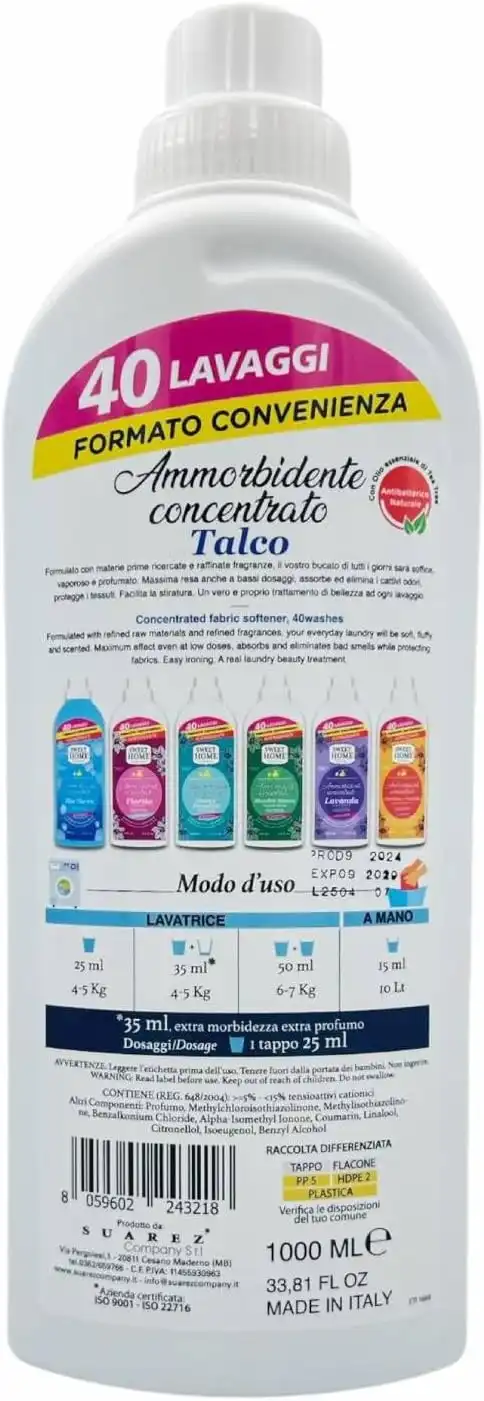 Suarez Sweet Home Ammorbidente Talco 40 Lavaggi - 6x1000ml Lavatrice/Mano