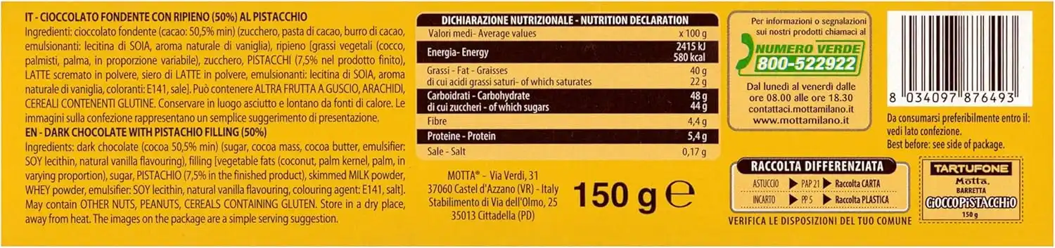8x Motta Tartufone Ciocco Pistacchio Cioccolato Fondente Ripieno al Pistacchio