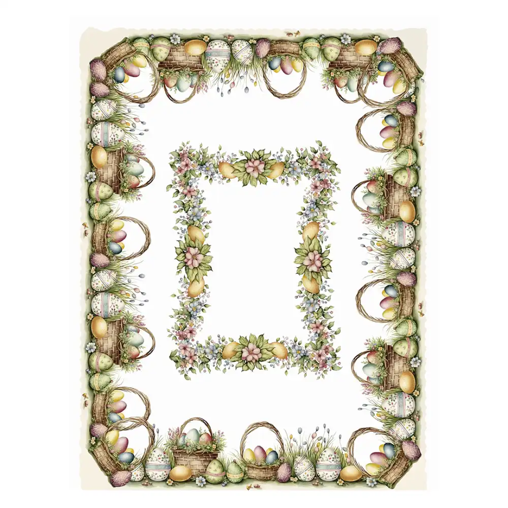 Tovaglia Pasquale VINGI,Decorazioni con Uova e Cesti,140x240 cm,12 Persone Dis.8