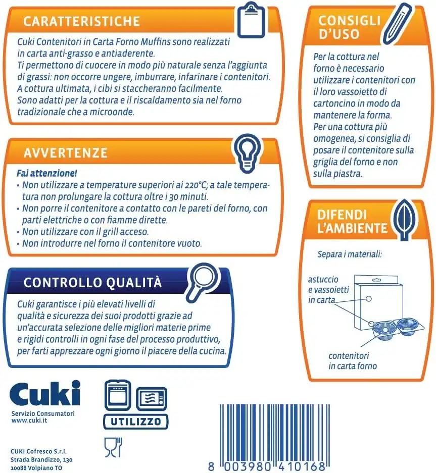 Cuki Contenitori Carta Forno Antiaderenti Muffins Ø7,9 x H3,5 Cm,6 Confezioni x6