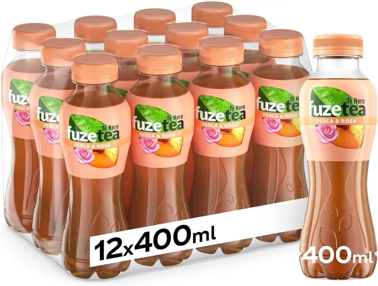 FuzeTea Pesca e Rosa – 12 Bottiglie da 400ml, Tè Freddo Analcolico alla Pesca