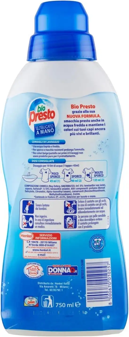 Bio Presto Liquido Smacchia Presto a Mano, Anche in Acqua Fredda, 750 ml x 8