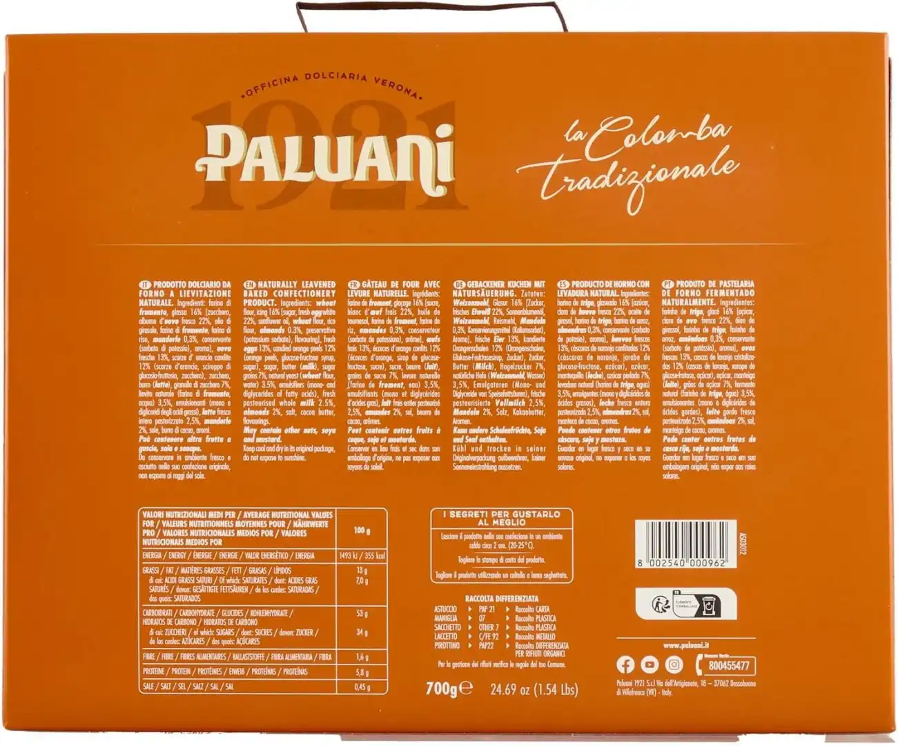 Paluani Colomba Classica Dolce Pasquale Tradizionale con Glassa e Mandorle, 700g