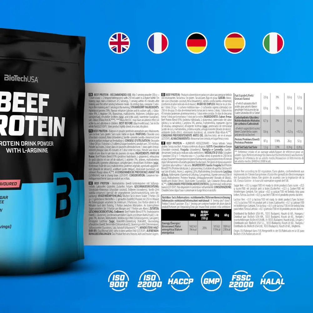 BioTechUSA Beef Protein 500g Fragola - Proteine Idrolizzate Senza Lattosio