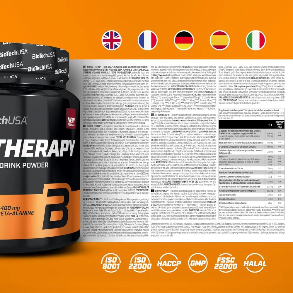 BioTechUSA Nitrox Therapy Pre-Workout Uva Blu 16 Attivi Senza Glutine e Lattosio