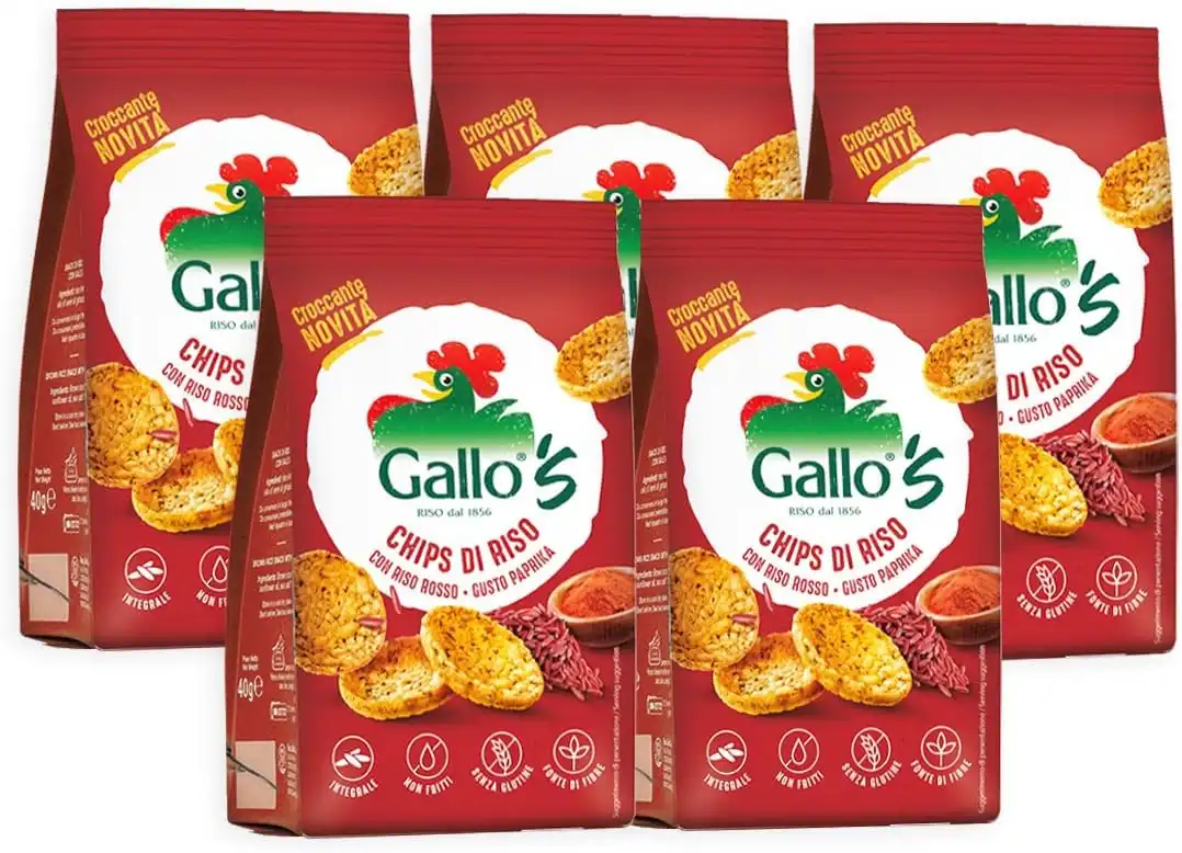 5 Confezioni Gallo's Chips Riso Integrale e Riso Rosso Paprika,Senza Glutine 40g