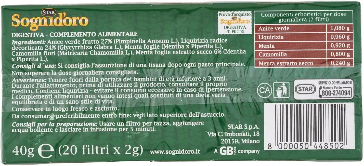 Sognid'Oro Tisana Digestiva con Anice, Liquirizia e Menta 4 Confezioni da 20 Fil