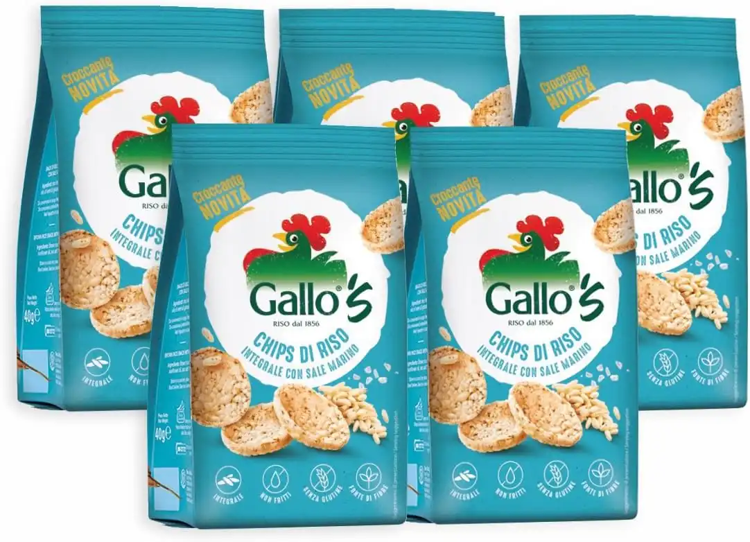 5 Confezioni Gallo's Chips Riso Integrale con Sale Marino, Senza Glutine - 40g