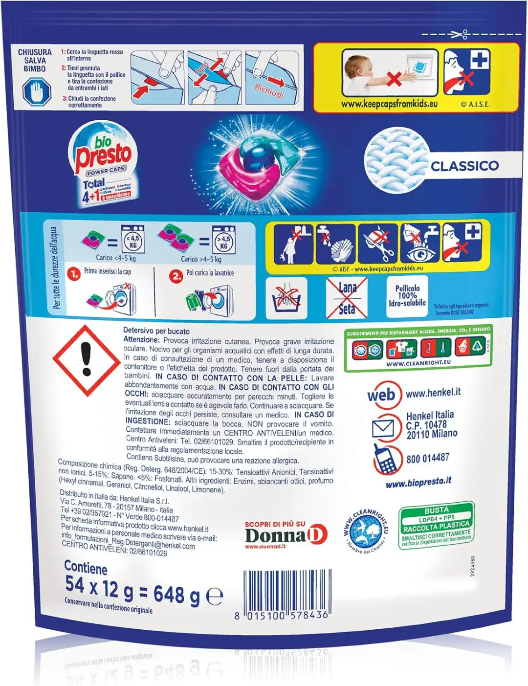 Bio Presto Power Caps Classico, Detersivo Lavatrice Predosato, 54 Lavaggi