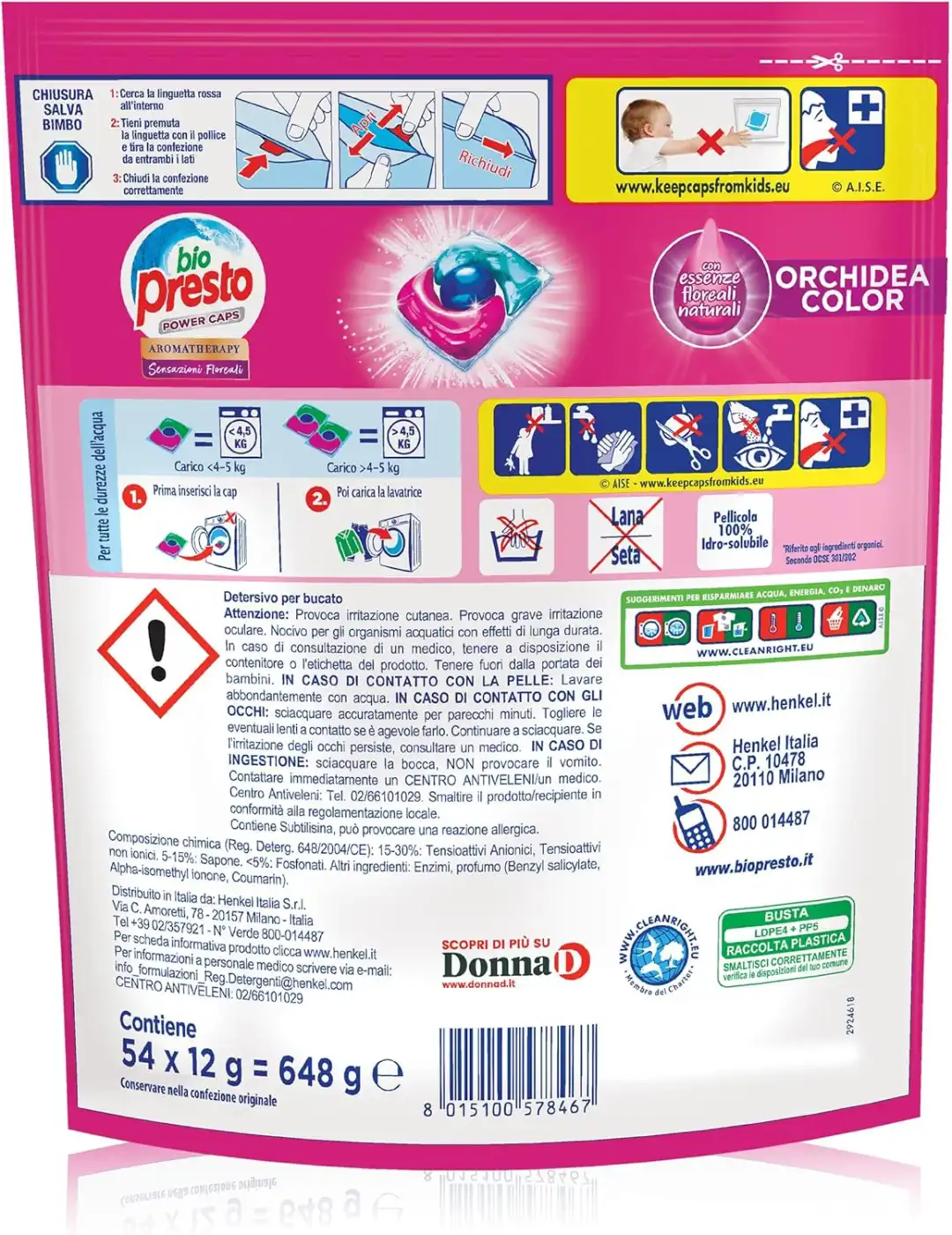 Bio Presto Power Caps Color, Detersivo Lavatrice Predosato, 54 Lavaggi