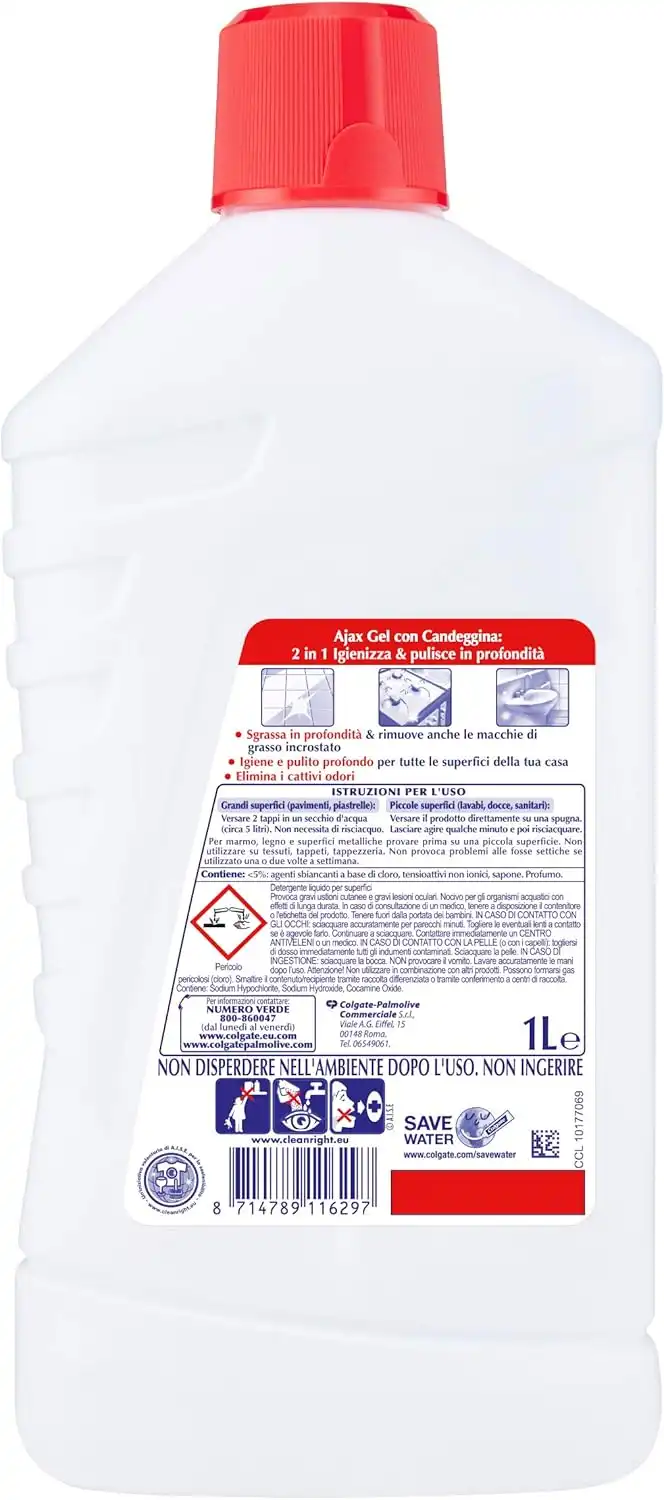 12x Ajax Gel Candeggina 1L – Detergente Igienizzante Pino Ultrasgrassante