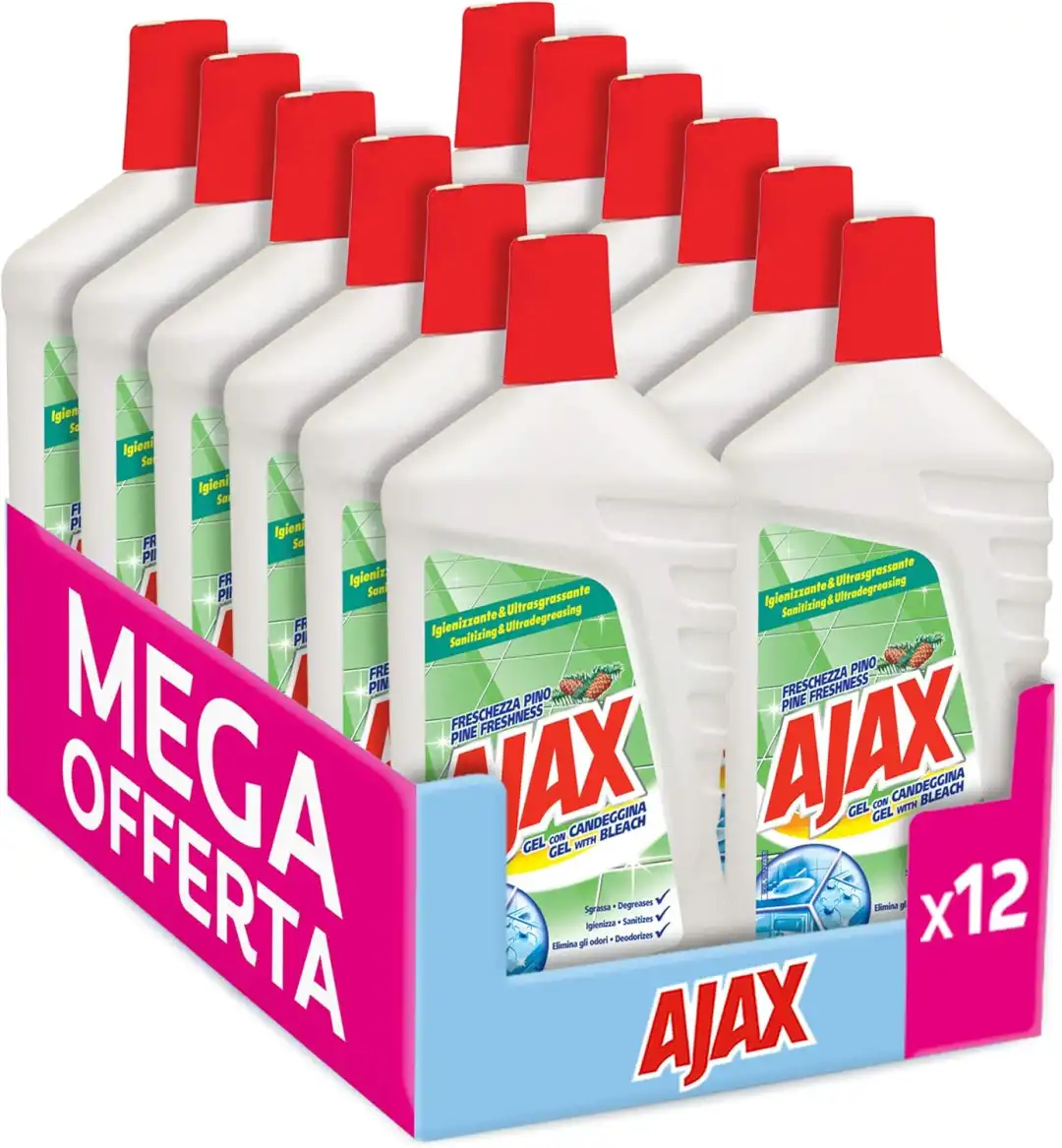 12x Ajax Gel Candeggina 1L – Detergente Igienizzante Pino Ultrasgrassante