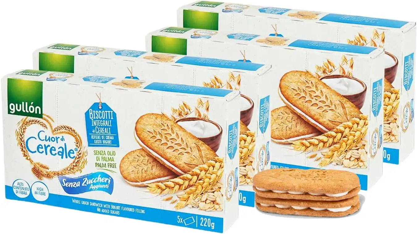 4X Gullón Cuor di Cereale Biscotti Integrali Ripieni Yogurt, Senza Zuccheri 220g