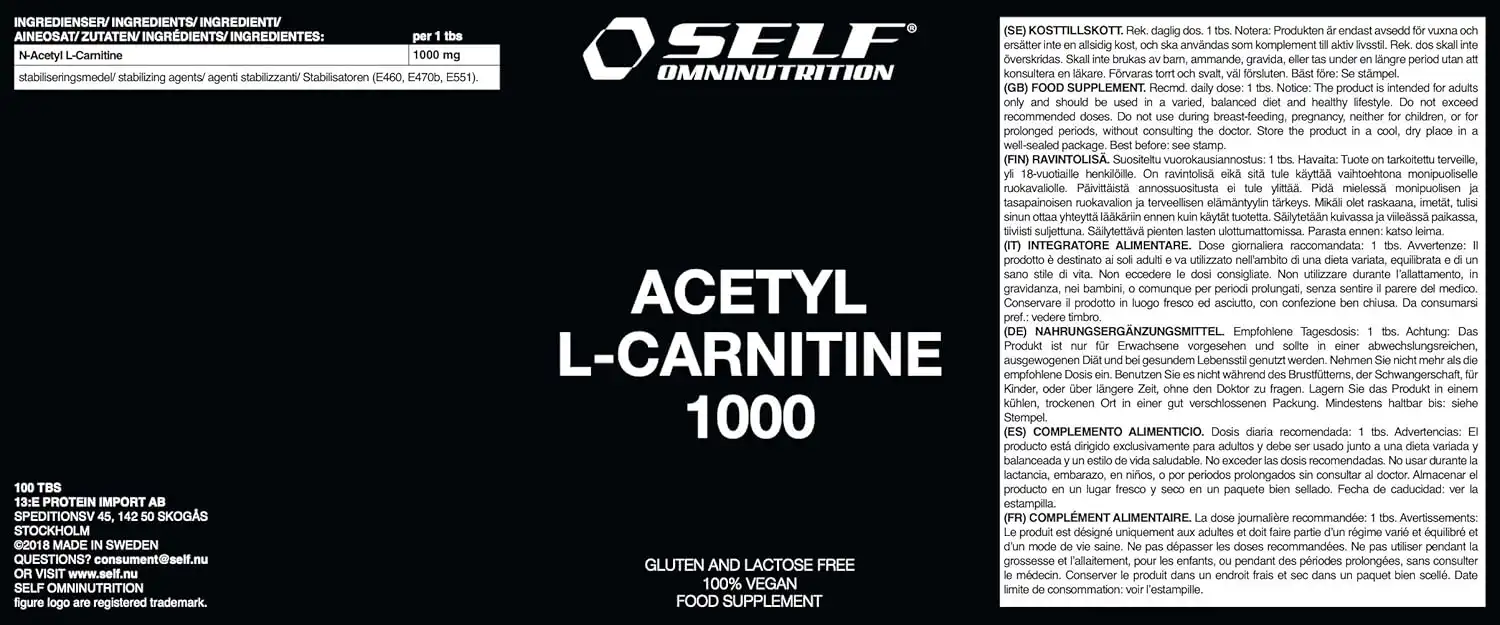SELF Omninutrition Acetyl L-Carnitine 1000 - 100 Compresse, Supporto Energetico