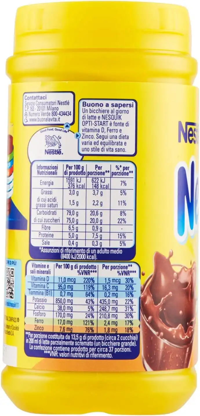 Nesquik Opti-Start Cacao Solubile per Latte 2x500g Barattoli da 1kg Totale