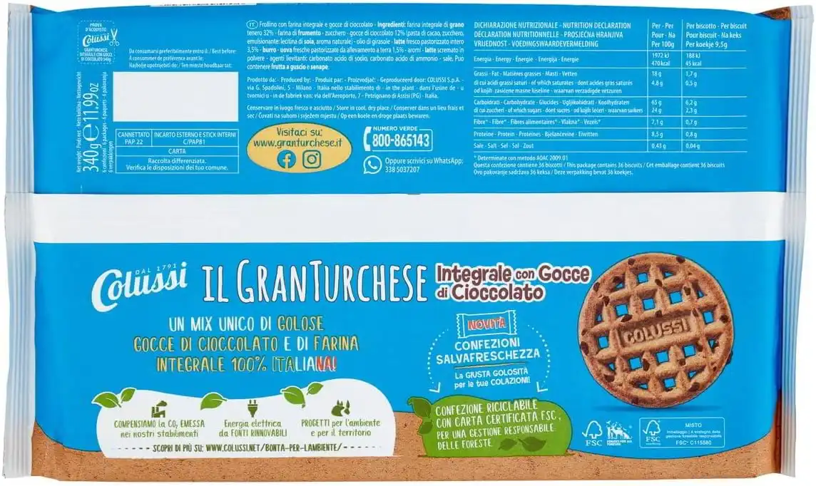 8X GranTurchese Integrale con Gocce di Cioccolato Biscotti 340g