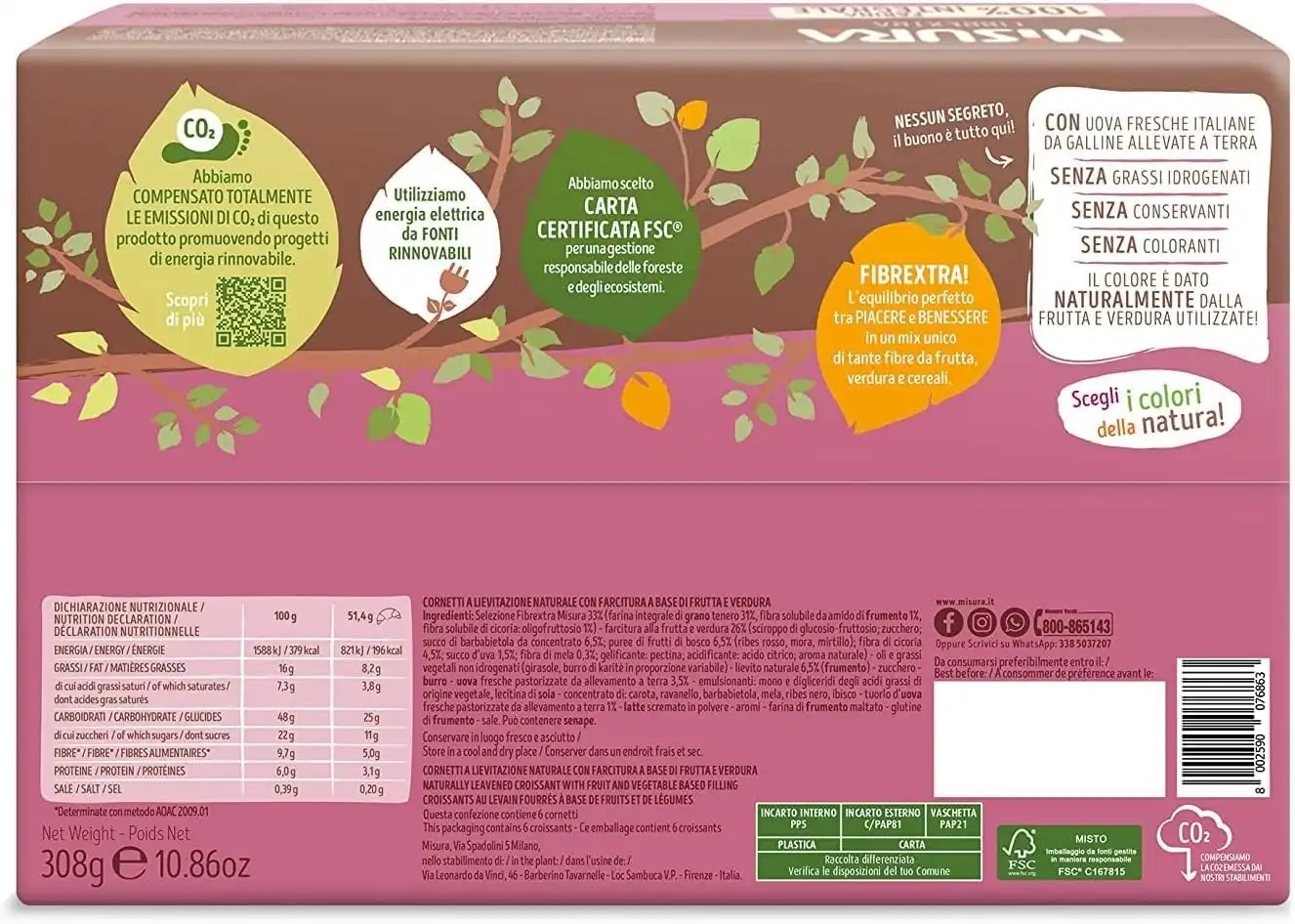 8x Misura Fibrextra Cornetti Frutti di Bosco Barbabietola Uva Integrali 308g
